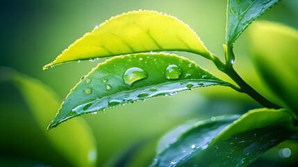 Poster - Close Up of Fresh Green Leaves with Dew Drops Glimmering in the Morning Light : Generative AI