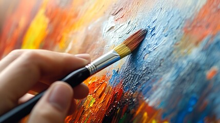 Leinwandbilder - Close up of a hand holding a brush painting vibrant colors on a textured canvas artwork : Generative AI