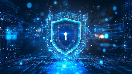 Glowing geometric shapes in blue and silver tones symbolizing futuristic digital security and protection