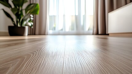 Aufkleber - Warm Wooden Floor with Natural Light Streaming Through Sheer Curtains in a Cozy Room : Generative AI