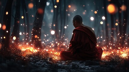 Poster - A meditative monk surrounded by a magical forest with glowing orbs and a serene atmosphere : Generative AI