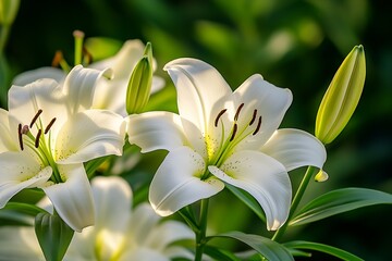 Poster - Beautiful White Lilies in Full Bloom Surrounded by Lush Greenery in a Garden : Generative AI