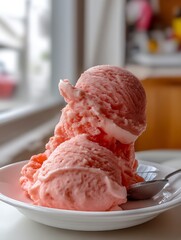 Poster - Deliciously Creamy Pink Strawberry Ice Cream Scoops Served in a Bowl : Generative AI