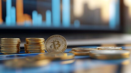Poster - Close-up of Bitcoin coins stacked on a financial chart representing cryptocurrency investment : Generative AI