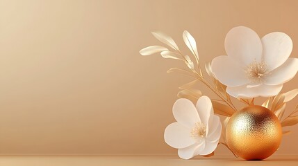 Poster - Elegant Arrangement of White Flowers and Golden Decorative Sphere for Stylish Decor : Generative AI