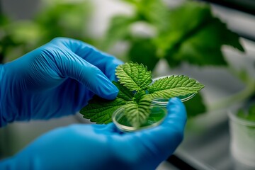 Poster - Scientist handling a fresh green plant with gloves in a modern lab for research purposes : Generative AI
