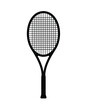 © CreativeDesign - Tennis racket silhouette. This image shows a black and white vector silhouette of a tennis racket, featuring the frame, handle, and intricate mesh strings. Vector clipart illustration design.
