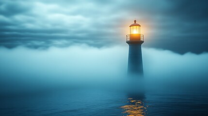 Poster - Enchanting lighthouse stands tall in the fog illuminated by its glowing light on a calm sea : Generative AI