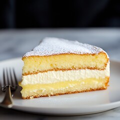 Aufkleber - Layered cake slice featuring smooth cream filling and fine powdered sugar on a white plate : Generative AI