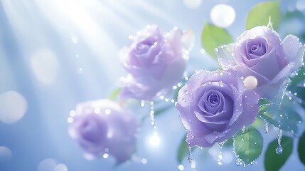 Poster - Beautiful lavender roses embellished with water droplets glistening in soft light for a serene aesthetic : Generative AI