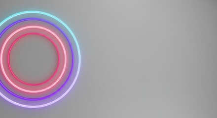 Poster - Abstract Neon Rings Background Grey Minimalist Design Modern Art Glowing Circles Bright Color Palette Contemporary Illustration Digital Artwork Graphic Design