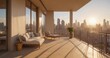 © Phennapha - Golden hour sun bathes a modern high-rise apartment's spacious balcony and elegant interior ,  elegant,  upscale,  furniture