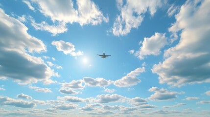 Fototapete - Airplane soaring through a vibrant blue sky with fluffy white clouds illuminated by bright sunlight. High angle view of the aircraft amidst a dreamy and cheerful atmosphere