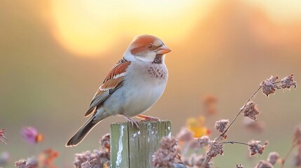 Leinwandbilder - A small bird perched on a wooden post with a blurred background of warm sunlight and wildflowers. The bird displays detailed feather patterns and the scene evokes a sense of tranquility and natural