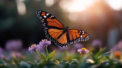 Poster - Vibrant [animal] in flight above delicate purple flowers with a blurred green background and warm sunlight. The [animal]'s wings are detailed with orange black and white patterns
