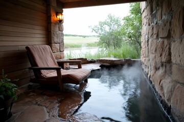 Poster - Relaxing outdoor spa with wooden chair near a pool of water and stone wall surrounded by green landscape