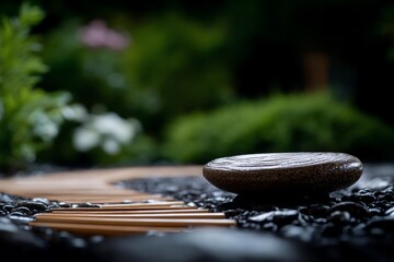 Aufkleber - A zen garden scene featuring a dark stone basin on a bed of black pebbles a bamboo pathway and blurred green foliage in the background creating a sense of peace