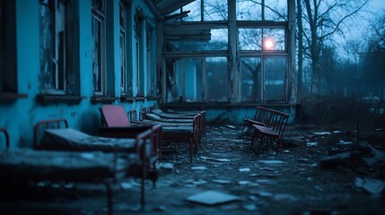 Aufkleber - An eerie blue-toned exterior shot of an abandoned building interior with rows of dilapidated beds and decaying structures. The scene captures a sense of desolation and forgotten past in the dim