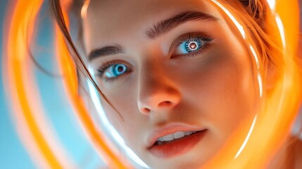 Fototapete - Close-up portrait of a person with glowing blue eyes and orange neon light rings surrounding her face. The background is a blend of blue and orange hues