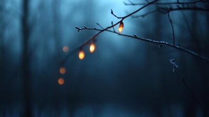 Poster - Close-up of a tree branch with small glowing lights against a blurred blue background evoking a tranquil atmospheric scene with soft focus