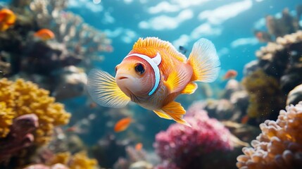 Poster - Vibrant fish swimming amidst colorful coral reef underwater illuminated by natural light displaying aquatic life in detailed illustration