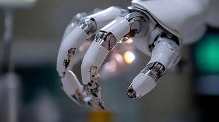 Aufkleber - Close-up of a mechanical hand with white and metallic components. The hand is slightly curved with a focus on the articulated fingers against a blurred background. It creates a futuristic