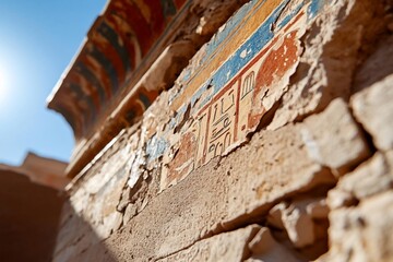 Poster - Ancient wall fragment with hieroglyphs and colorful paint in bright sunlight showcasing historical artistry and architectural details