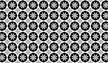 Poster - Seamless pattern featuring black hexagons with white flowers and white geometric shapes, creating a classic and elegant design