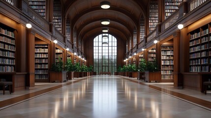Poster - Elegant library interior with arched ceiling bookshelves and natural light from large window showcasing academic atmosphere and architectural design