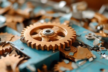 Poster - Close-up view of scattered golden gears and metallic components on a turquoise surface illuminated with warm lighting evoking mechanical intricacy and industrial aesthetic