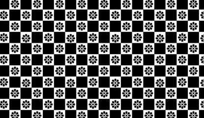 Poster - Seamless black and white checkered pattern featuring elegant floral designs, ideal for textiles and modern graphic projects