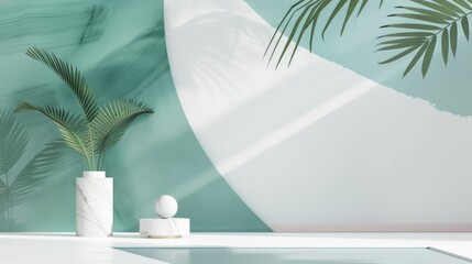 Poster - Tropical leaves frame with mint green background. Background image of green tropical leaves with minimal style. Digital image for botanical and summer design. Relaxation and building design. AIG51.