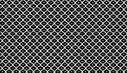 Poster - Seamless repeating geometric pattern featuring white quatrefoils and fleur de lis on a black background, ideal for elegant designs