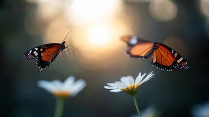 Leinwandbilder - Two Butterflies in Flight Above White Daisies and Blurred Green Foliage at Sunset. The golden light creates a warm and dreamy atmosphere with focus on insect movement