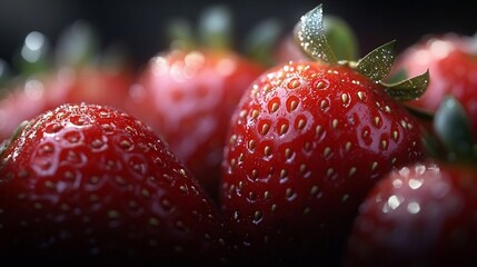 Poster - Close-up shot of fresh red berries with water droplets and green leaves. The fruits are arranged closely with blurred bokeh background