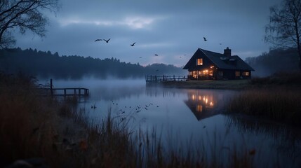 Aufkleber - Serene lakeside home at dusk enveloped in mist. Soft warm lights glow from within. Birds fly overhead, while the tranquil water reflects the scene. Atmospheric and peaceful