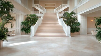 Poster - A grand lobby with a central staircase leading upwards flanked by symmetrical architectural details and lush greenery creating a sense of elegance and spaciousness in natural lighting