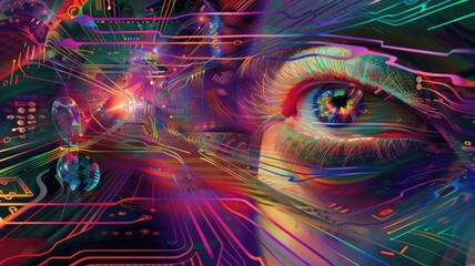 Poster - This captivating abstract artwork features an eye surrounded by vibrant colors and digital elements, evoking a sense of modern technology and creativity.
