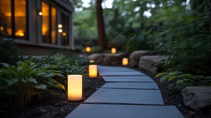 Poster - Pathway illuminated by soft candle lights through lush green garden at dusk with blurred background effect creating a tranquil ambiance