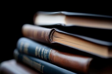 Aufkleber - Close-up of stacked vintage books with textured leather bindings and gold-gilded pages set against a blurred dark background highlighting the details of the aged paper and craftsmanship