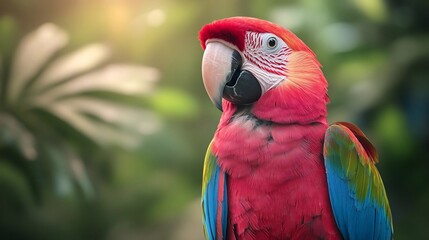 Poster - Close up portrait of a vibrant macaw parrot with red pink and blue feathers perched against a blurred green foliage background lit by soft sunlight