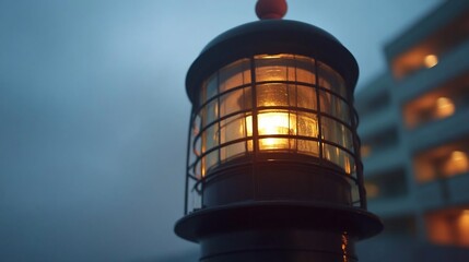 Poster - Close-up of a lit lantern with a warm glow against a foggy background in a coastal setting. The object's detailed construction and the soft light create a serene atmosphere
