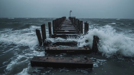 Poster - Dramatic seascape with a weathered wooden pier battling rough waves during a stormy weather in grayscale. High waves crashing on the pier under overcast sky