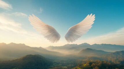 Aufkleber - Two white feather wings floating above misty mountain landscape against a clear blue sky with sun rays. Peaceful and serene atmosphere