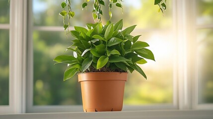 Aufkleber - A potted green plant sits in front of a bright window with a blurred green background suggesting a garden. Sunlight streams through the window illuminating the plant