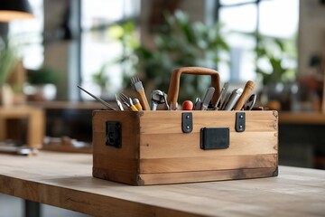 Aufkleber - Wooden toolbox filled with various tools sits on a wooden surface with a blurred interior background showing green plants and natural light