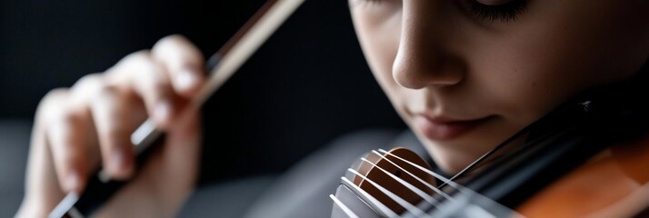 Aufkleber - Close up of a person playing a string instrument focusing on the instrument and hand. Soft lighting highlights the person's face creating a serene ambiance. A musical performance captured in a close
