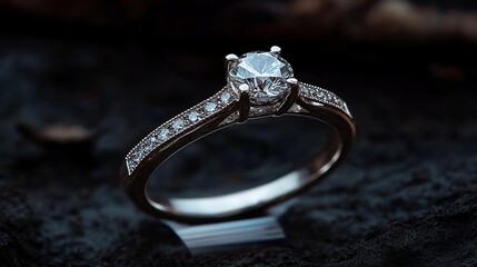 Poster - Close-up of a diamond ring resting on a dark textured surface, showcasing the intricate details of the jewelry. The lighting emphasizes the sparkle of the diamond against the blurred background