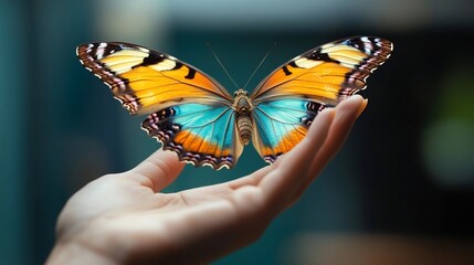 Poster - A vibrant butterfly with orange and teal wings rests delicately on a person's open palm against a soft-focused background