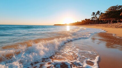 Aufkleber - Ocean waves crashing on a sandy beach with sun setting and palm trees in the background creating a tranquil and vibrant scene